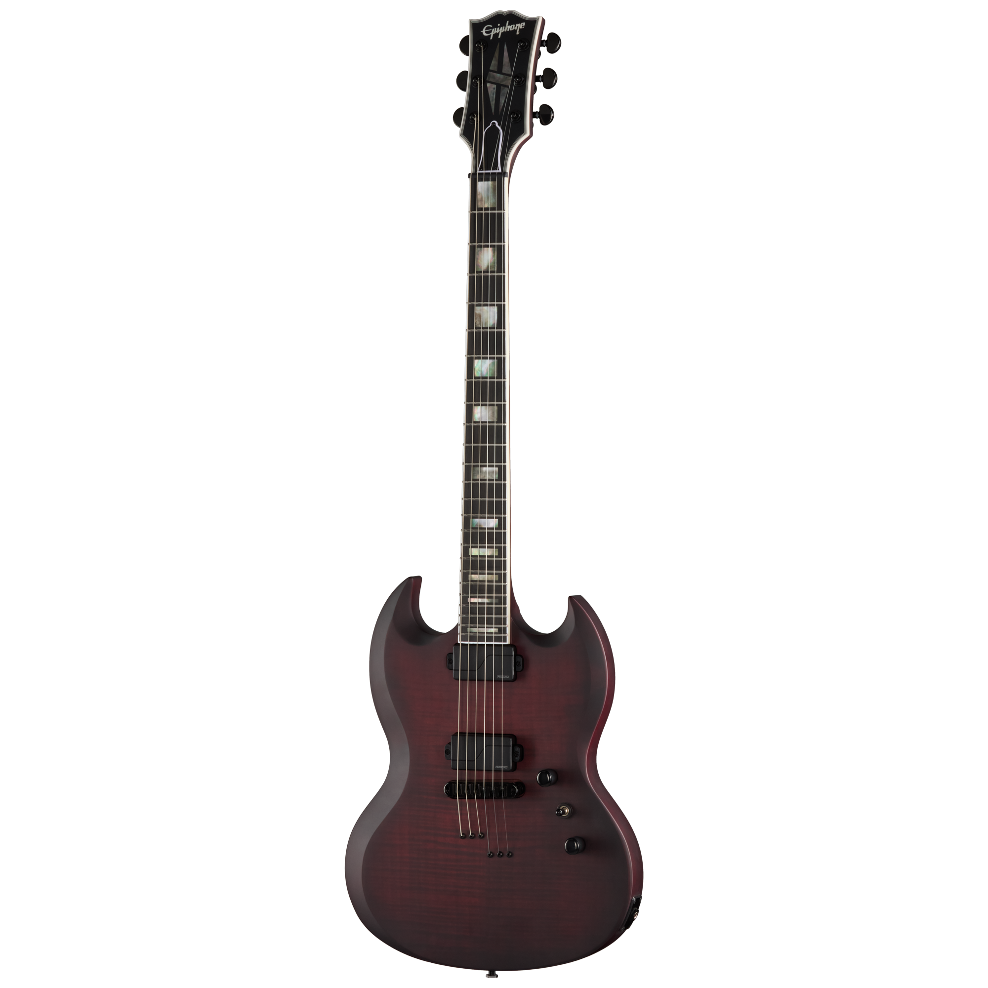 E-Gitarre, mahagonifarbener Korpus, Doppelspulen-Tonabnehmer, Doppelausschnitt-Korpus, dunkelrotes Finish
